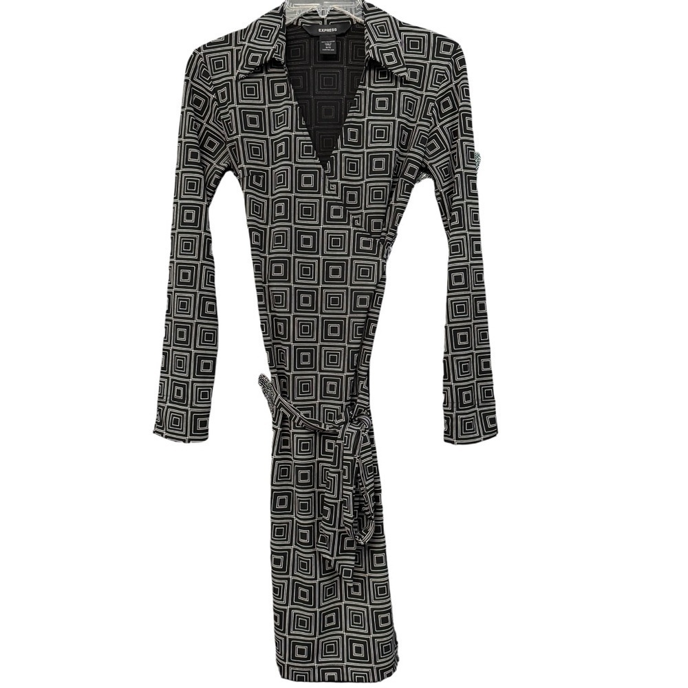 🖤 Vintage Mod Wrap Dress | Black White Geometric Print | Size XS